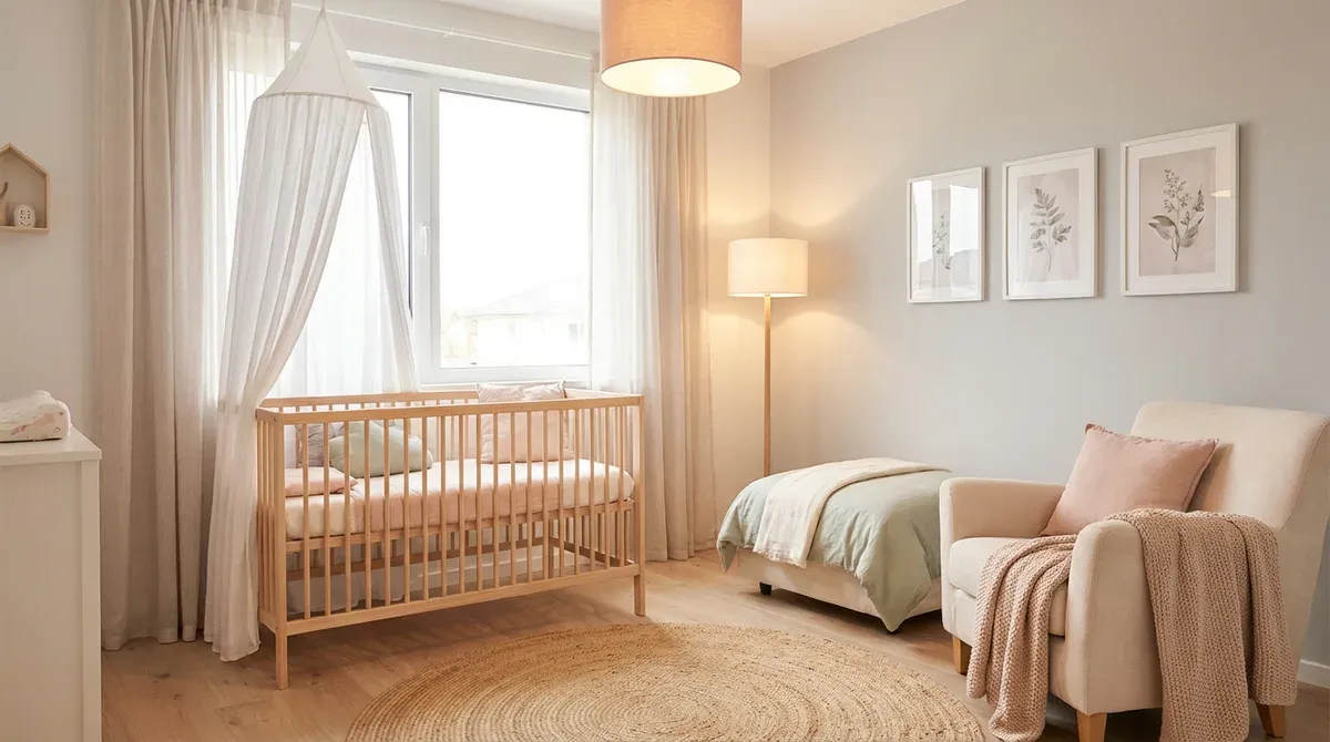AI-designed modern nursery with crib, soft lighting, and neutral color palette