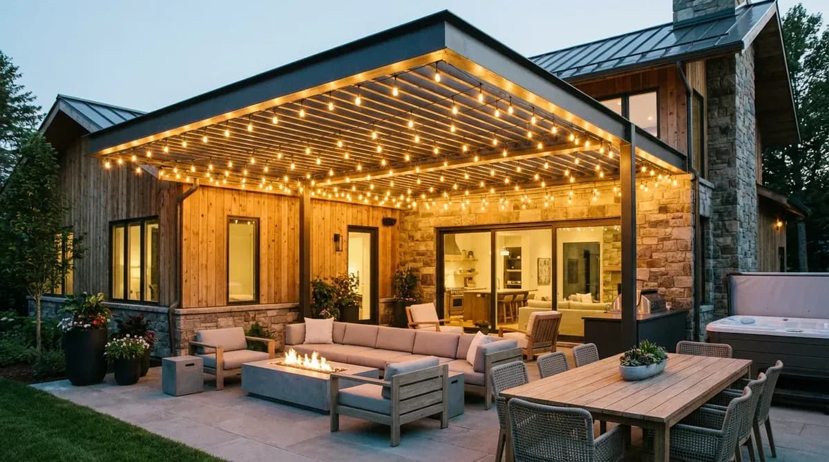 AI-designed modern patio with lounge furniture, pergola, and string lights