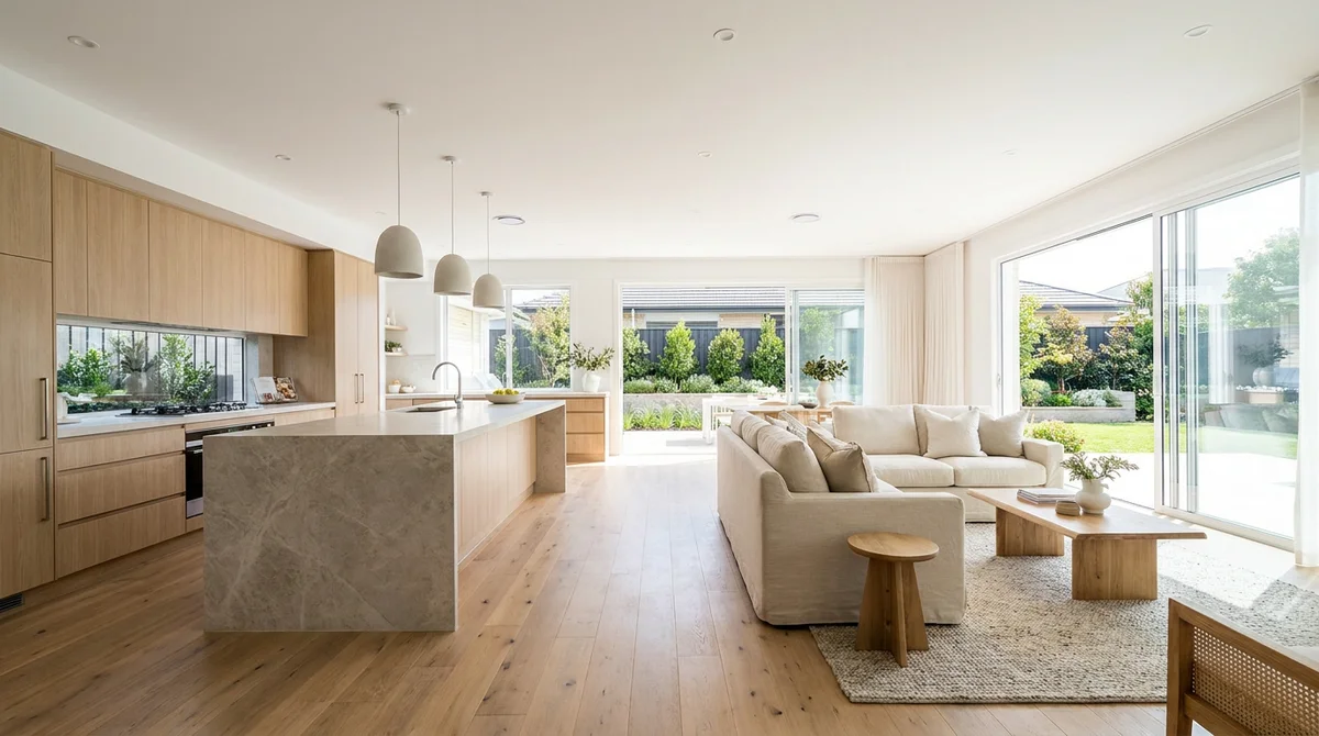 Photoreal interior render of an open-plan kitchen and living space with oak cabinets, a stone island and sliding doors to a garden