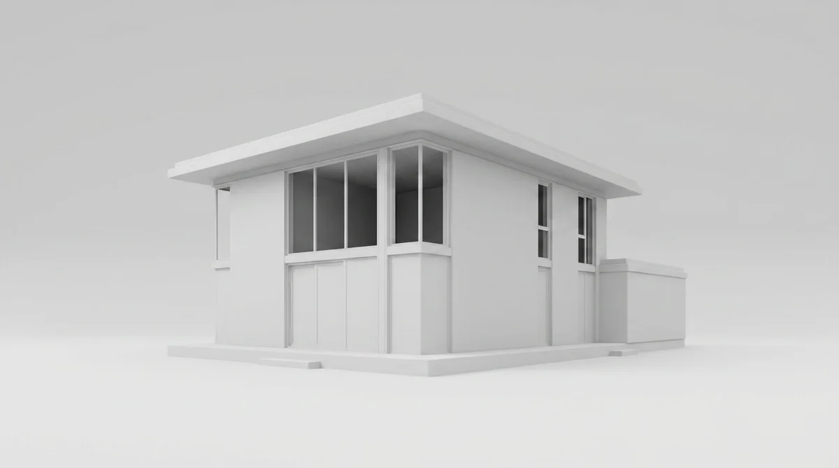 Weißes Massenmodell eines kleinen Holzhauses mit Flachdach, als schlichtes Clay-Modell auf weißem Grund gerendert