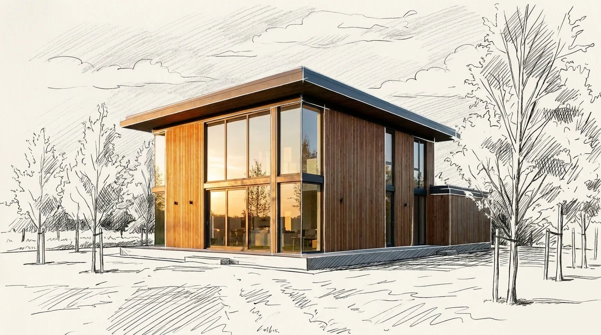 Dasselbe Holzhaus fotorealistisch gerendert, Himmel, Bäume und Boden durch lockere handgezeichnete Tuschelinien ersetzt
