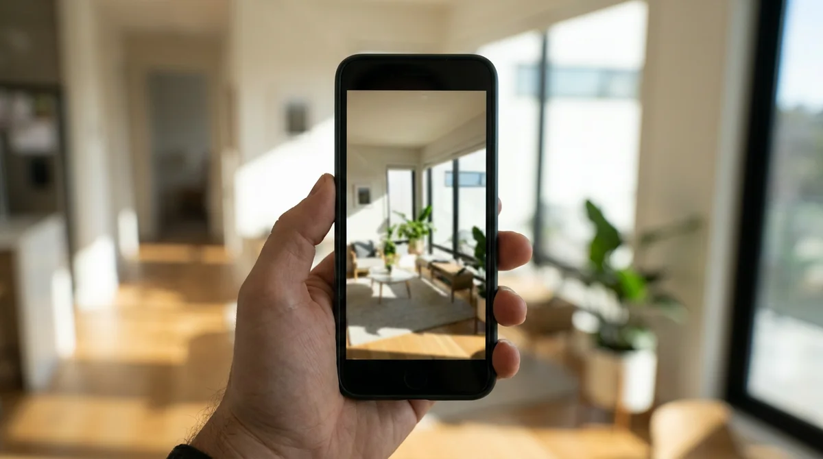 A real estate agent filming a vertical phone video during a walkthrough of a bright modern living room