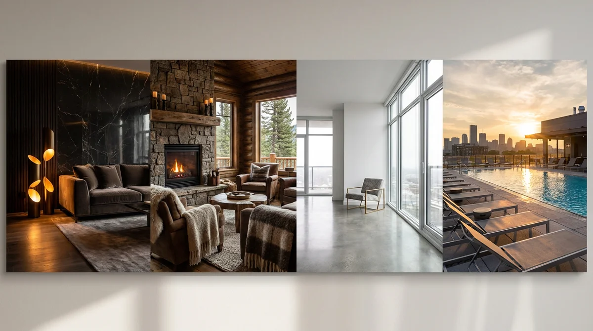 Four real estate video moods side by side: a luxury living room, a cozy cabin interior, a bright modern condo, and an energetic rooftop deck at golden hour