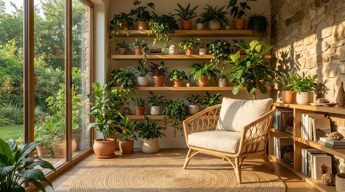 A serene biophilic interior with layered houseplants on oak shelves, a natural stone wall, rattan seating, and warm daylight casting soft plant shadows