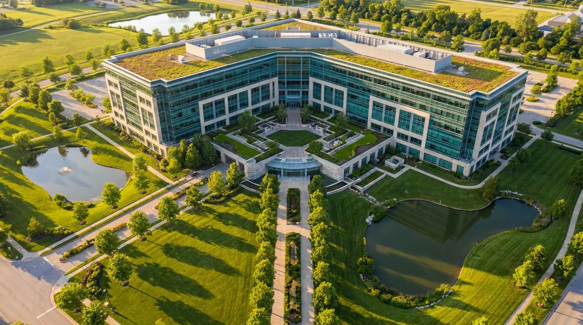 Foto aerea con drone di un campus e edificio per uffici commerciale di lusso all'ora dorata
