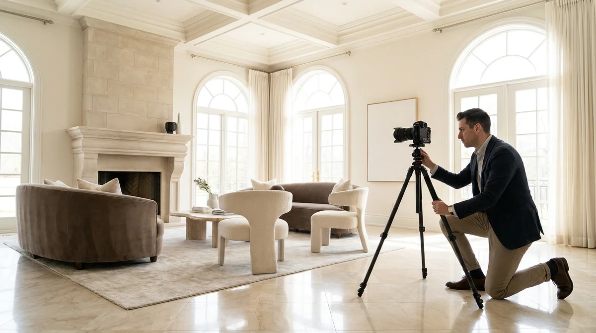 Elegante soggiorno di lusso illuminato dal sole con un fotografo che prepara l'attrezzatura per un servizio immobiliare
