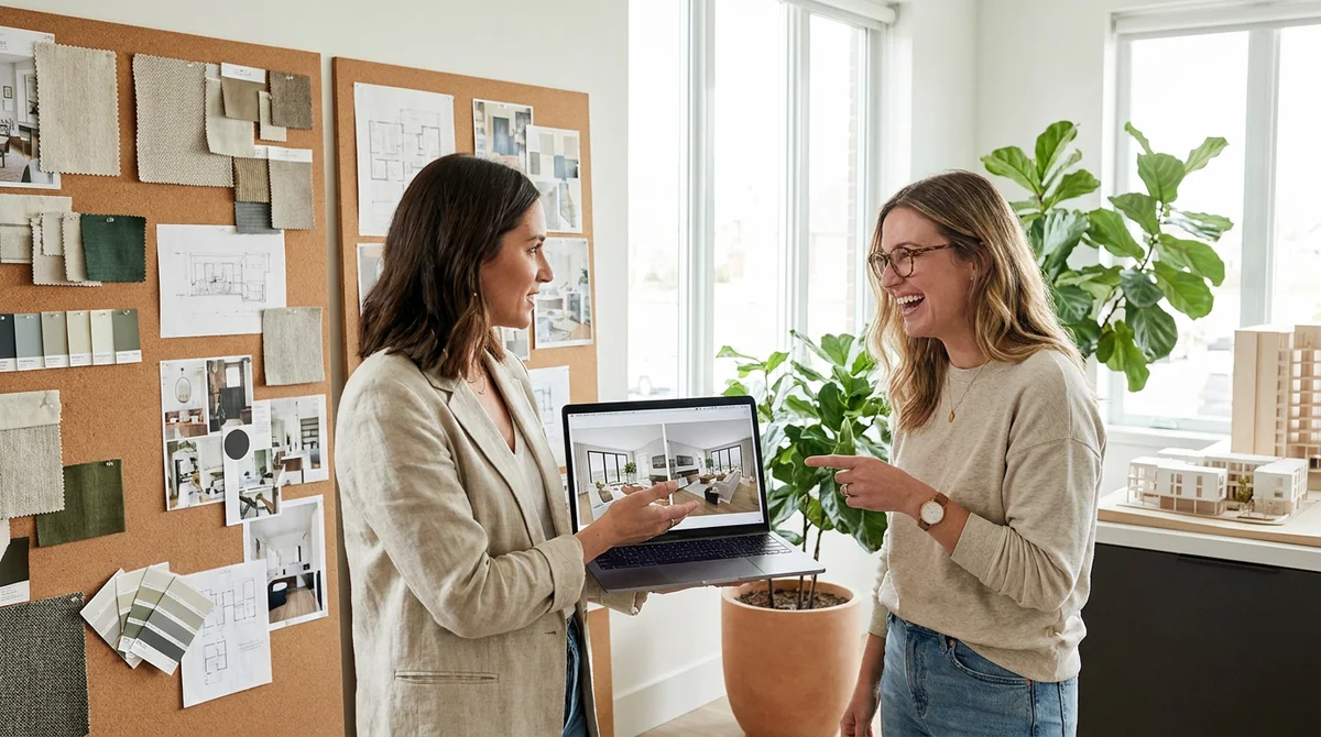 An interior designer presenting AI-generated room concepts to a client