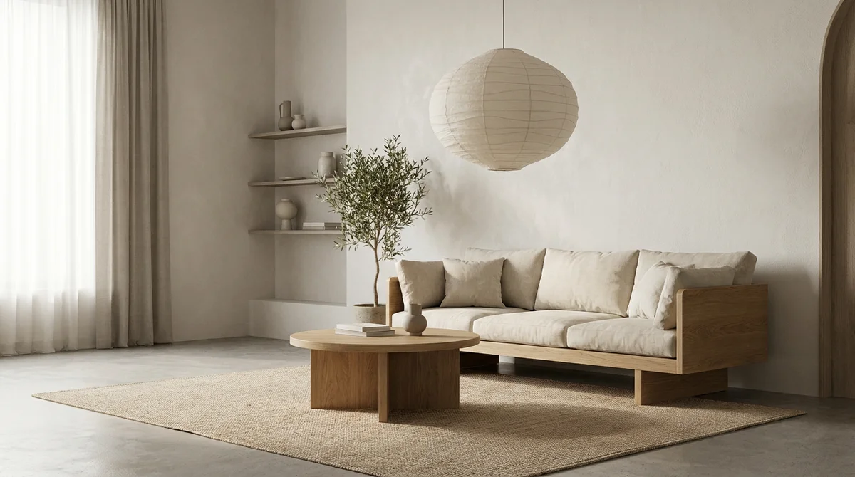 An AI-designed Japandi-style living room with warm minimalism and oak furniture