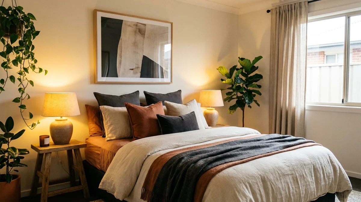Een stijlvolle, goed gefotografeerde slaapkamer van een vakantiewoning