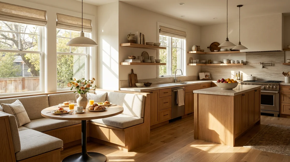 Een uitnodigende keuken en eethoek van een vakantiewoning, gestyled voor advertentiefoto's