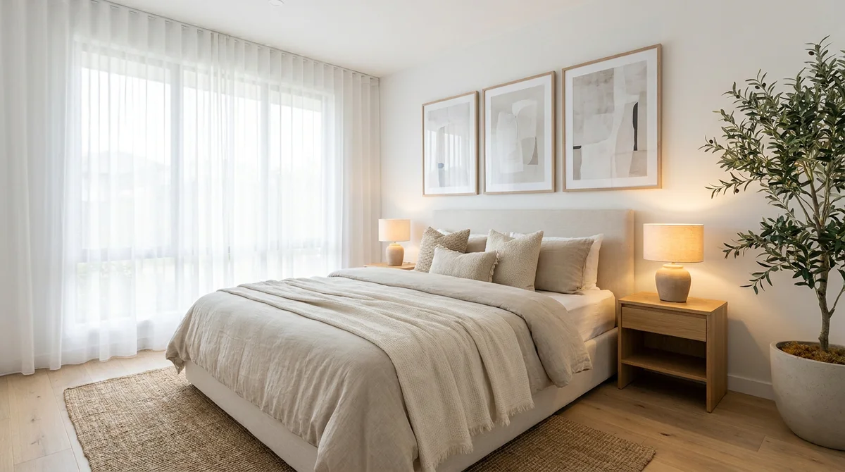 Camera da letto contemporanea allestita virtualmente con tessuti in lino neutro e luce naturale morbida