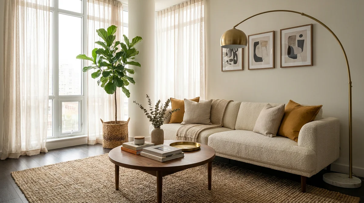 Ein schön gestaltetes Wohnzimmer einer Ferienunterkunft mit Bouclé-Sofa, Couchtisch aus Nussbaum, geschichteten Texturen und warmem Tageslicht