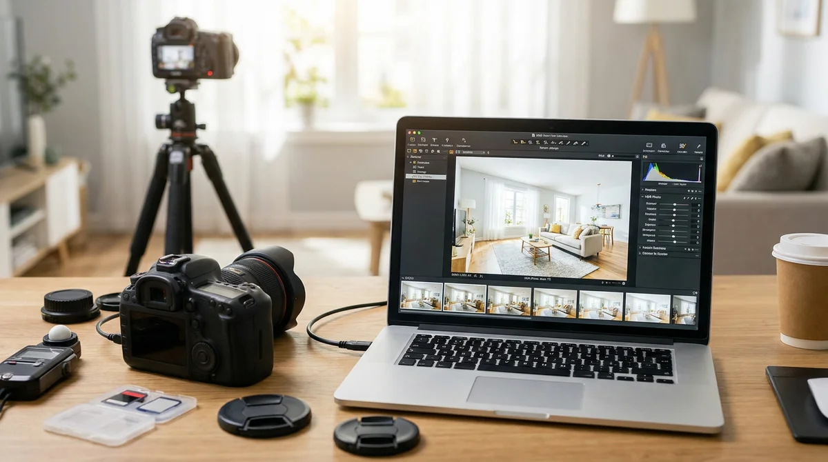 Camera and laptop set up for an HDR real estate photography editing workflow, bracketed exposures visible on screen
