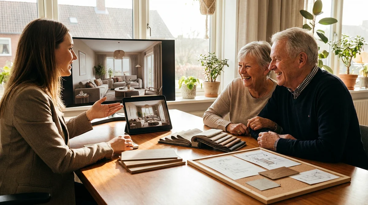 Een interieurontwerper presenteert fotorealistische kamerconcepten op een tablet aan een onder de indruk geraakt stel, aan een studiotafel met materiaalstalen en een moodboard