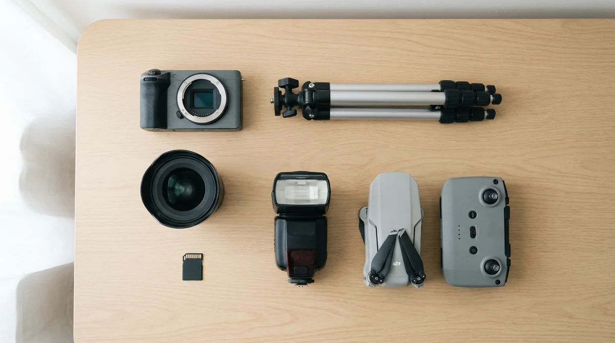 Vista dall'alto di un kit di partenza per la fotografia immobiliare con corpo macchina, obiettivo grandangolare, treppiede, flash, drone e scheda SD