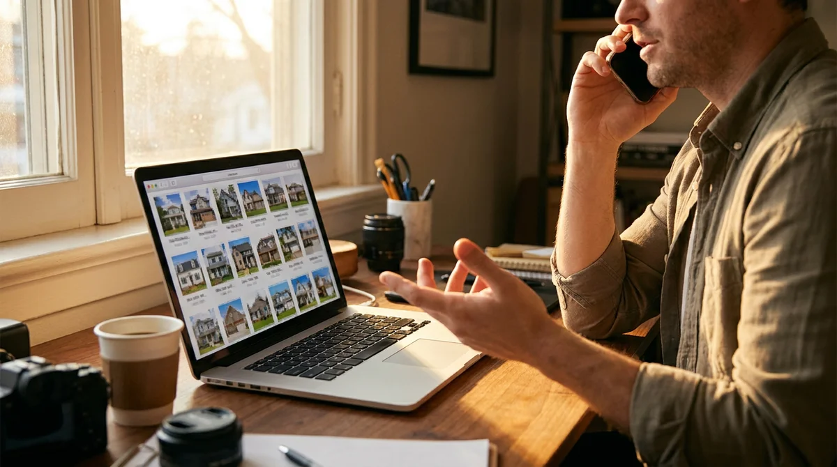 Un fotografo immobiliare che controlla le miniature delle foto di un annuncio al laptop mentre chiama un agente immobiliare locale