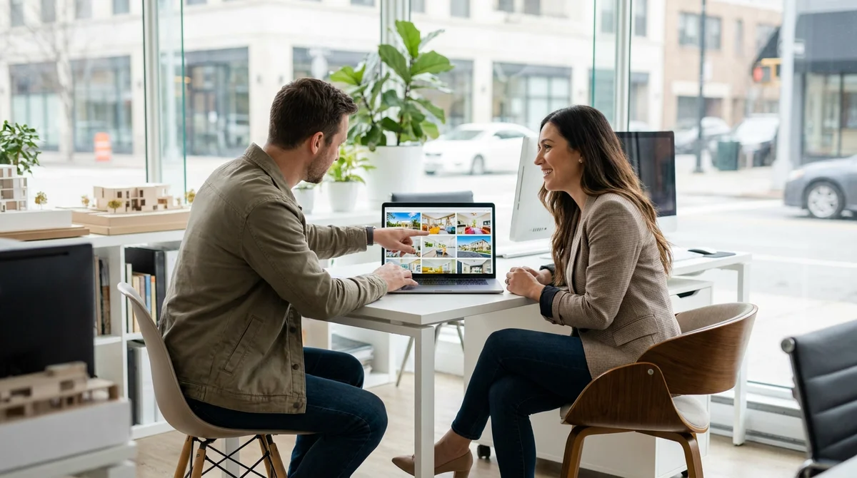 Photographer showing listing photos on a laptop to a real estate agent
