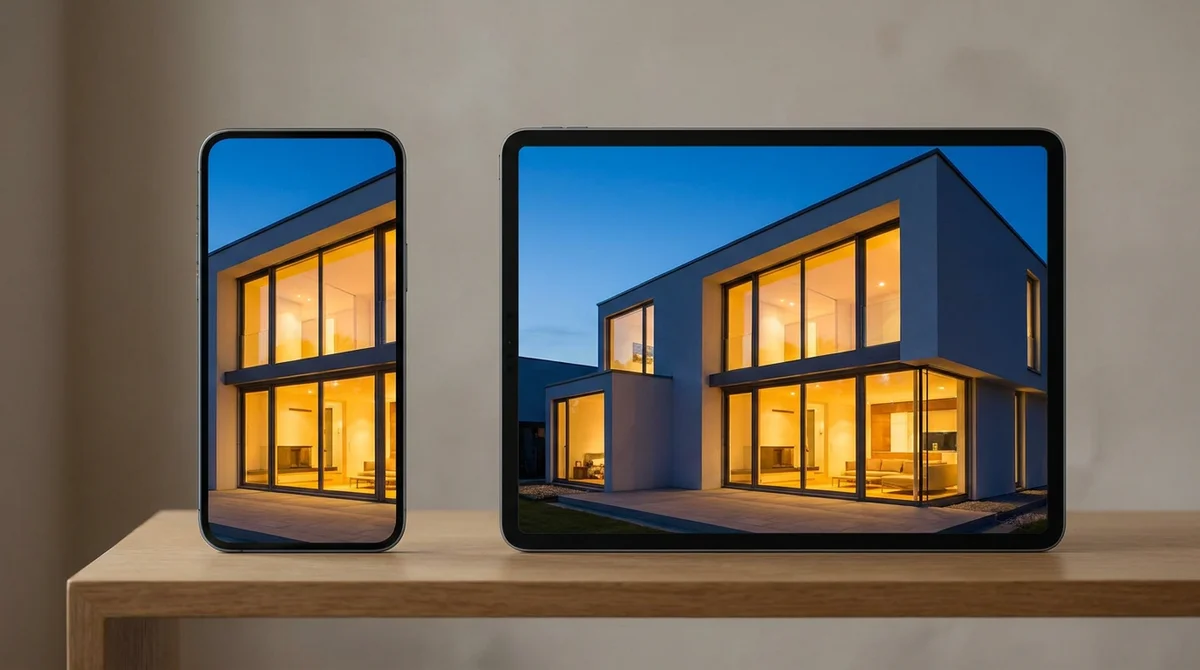 Dezelfde woning getoond in een verticaal, telefoonformaat frame en een breed horizontaal frame, ter illustratie van hoe beeldverhouding bepaalt wat een kijker ziet