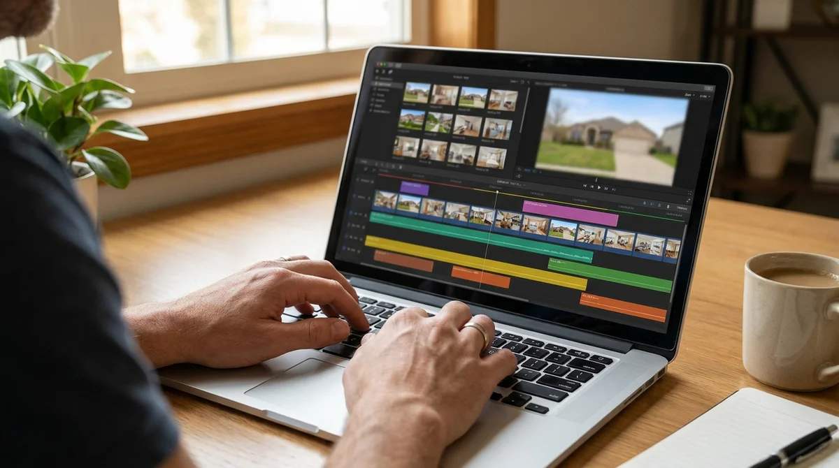 Een laptopscherm met een videobewerkingstijdlijn opgebouwd uit advertentiefoto's van een woning