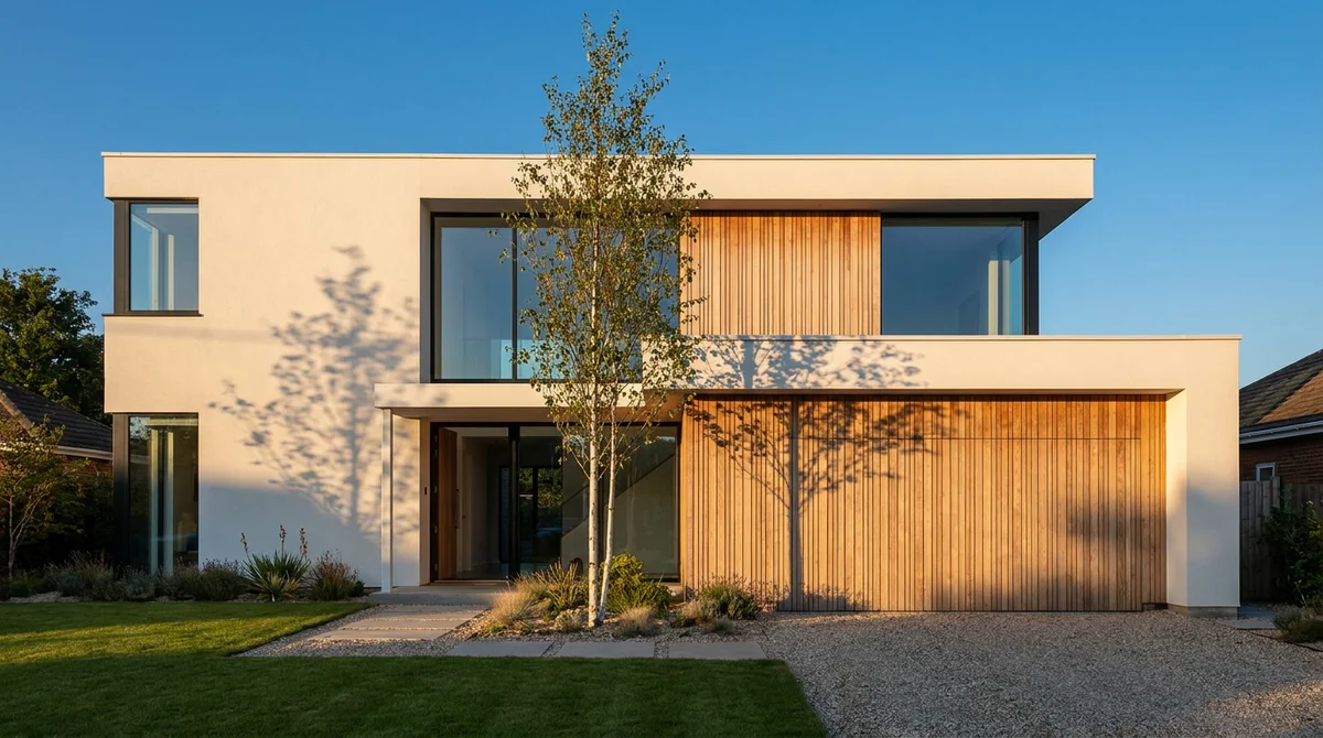Fotorealistisches Außenrendering eines kleinen modernen Hauses mit tiefer Nachmittagssonne, die über die Fassade streift