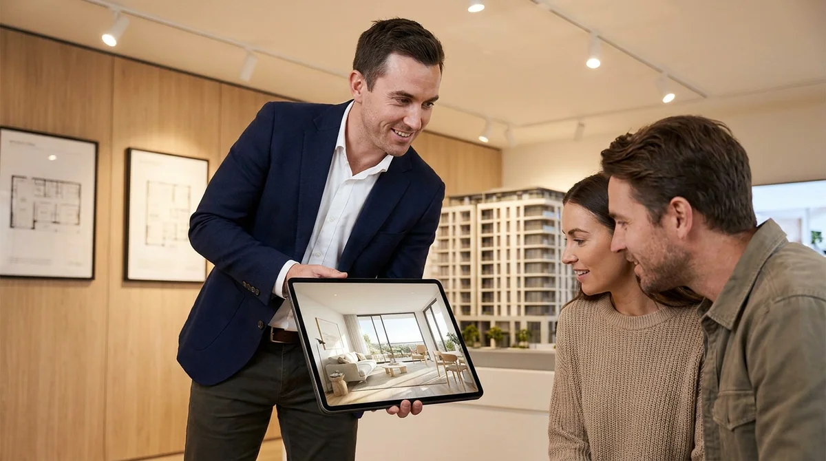 Ein Bauträger zeigt einem interessierten Paar im Verkaufsbüro auf einem Tablet ein fotorealistisches Rendering eines noch nicht gebauten Wohnungsinneren