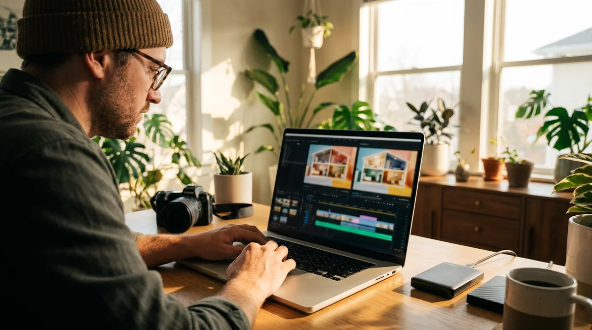 Photographe montant la timeline d'une vidéo immobilière sur un ordinateur portable, dans un bureau lumineux