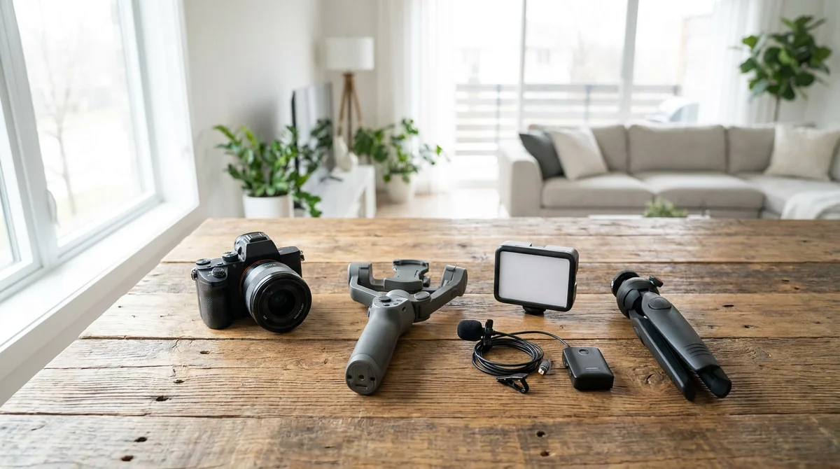 Photographe immobilier installant un appareil photo avec un stabilisateur gimbal dans un salon moderne et lumineux