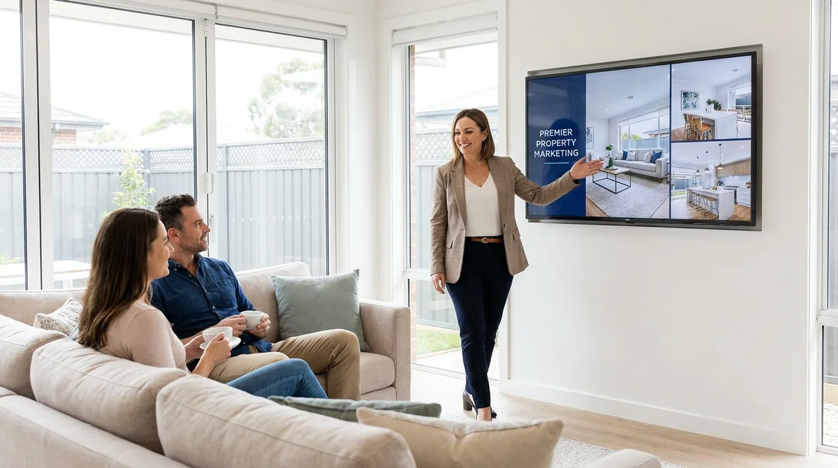 A confident solo real estate agent presenting a polished listing deck with staged room visuals to a seated home-seller couple in a bright modern living room