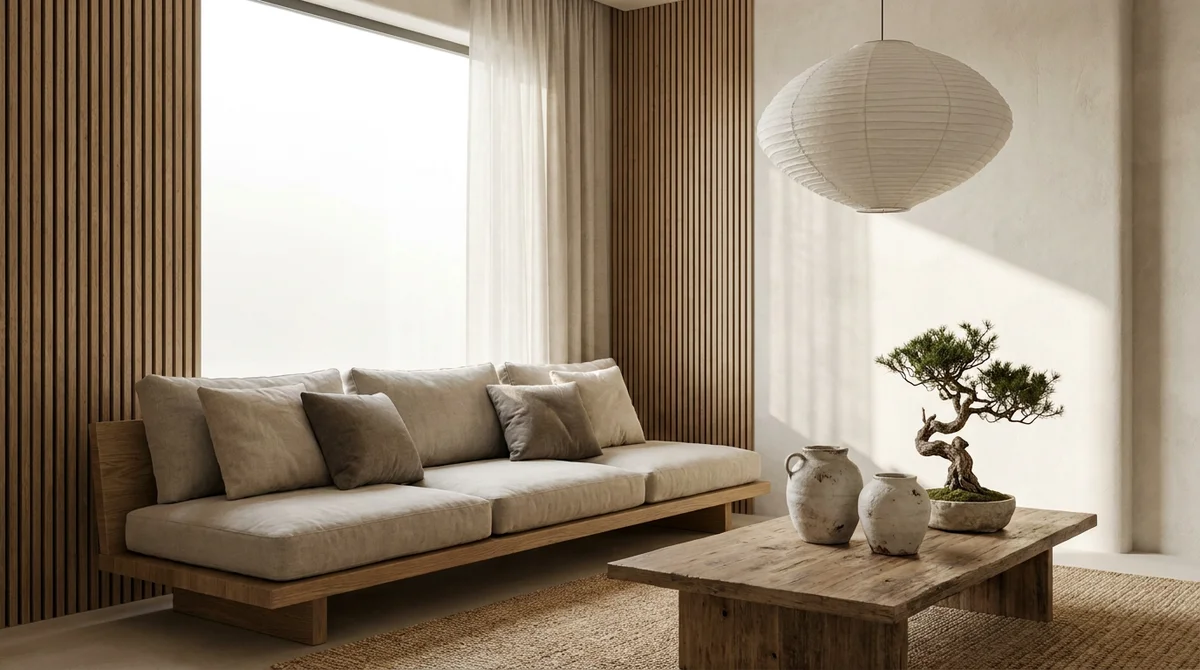 Calm Japandi living room with low oak sofa, linen cushions, handcrafted ceramic vases, a bonsai, a paper pendant lamp, and a wood-slat wall
