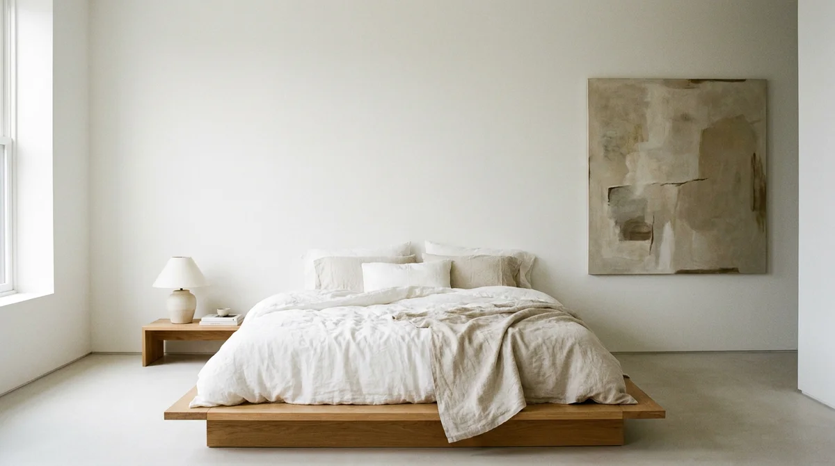 Chambre minimaliste avec lit plateforme bas, lin neutre, une seule table de chevet et un large espace négatif