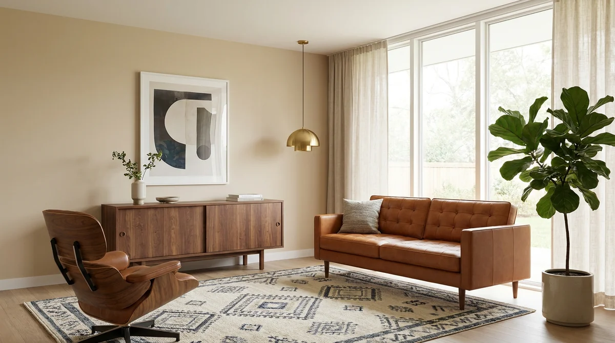 Modern living room with mid-century influence: a low walnut sideboard, tufted leather sofa with tapered legs, a molded lounge chair, and warm neutral walls