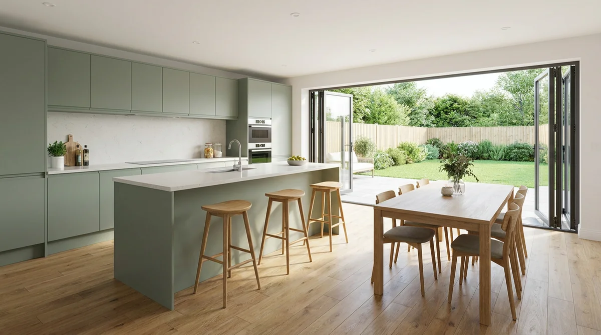 Photoreal CGI interior of a new-build kitchen-diner with sage green cabinets, an island and bifold doors open to a garden