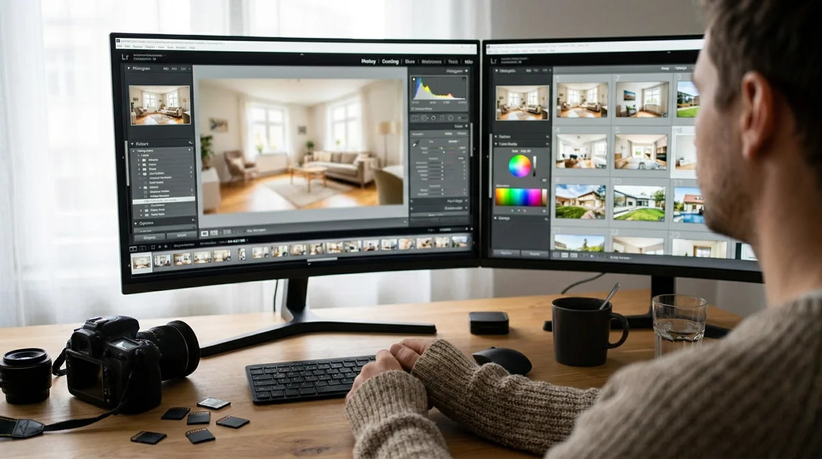 Un fotografo immobiliare ritocca foto su due monitor, con fotocamera e schede di memoria sulla scrivania