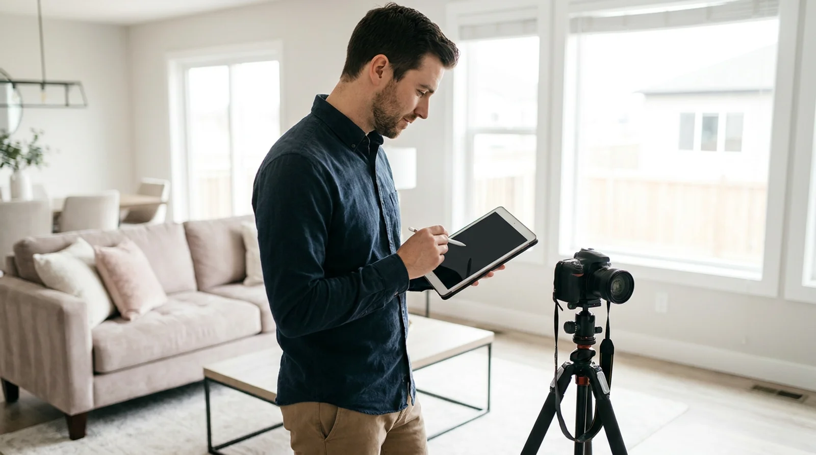 Een woningfotograaf bekijkt prijspakketten in tiers op een tablet in een gestylede woonkamer