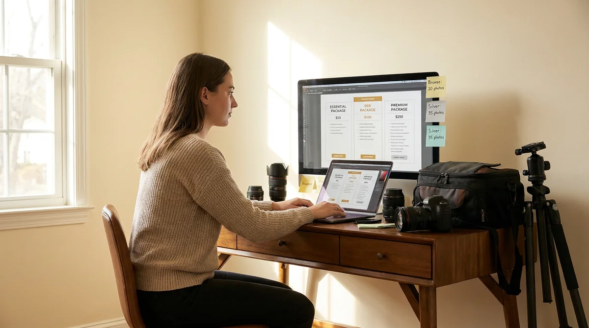 Un photographe immobilier devant un ordinateur portable construit des forfaits par paliers, du matériel photo posé sur le bureau