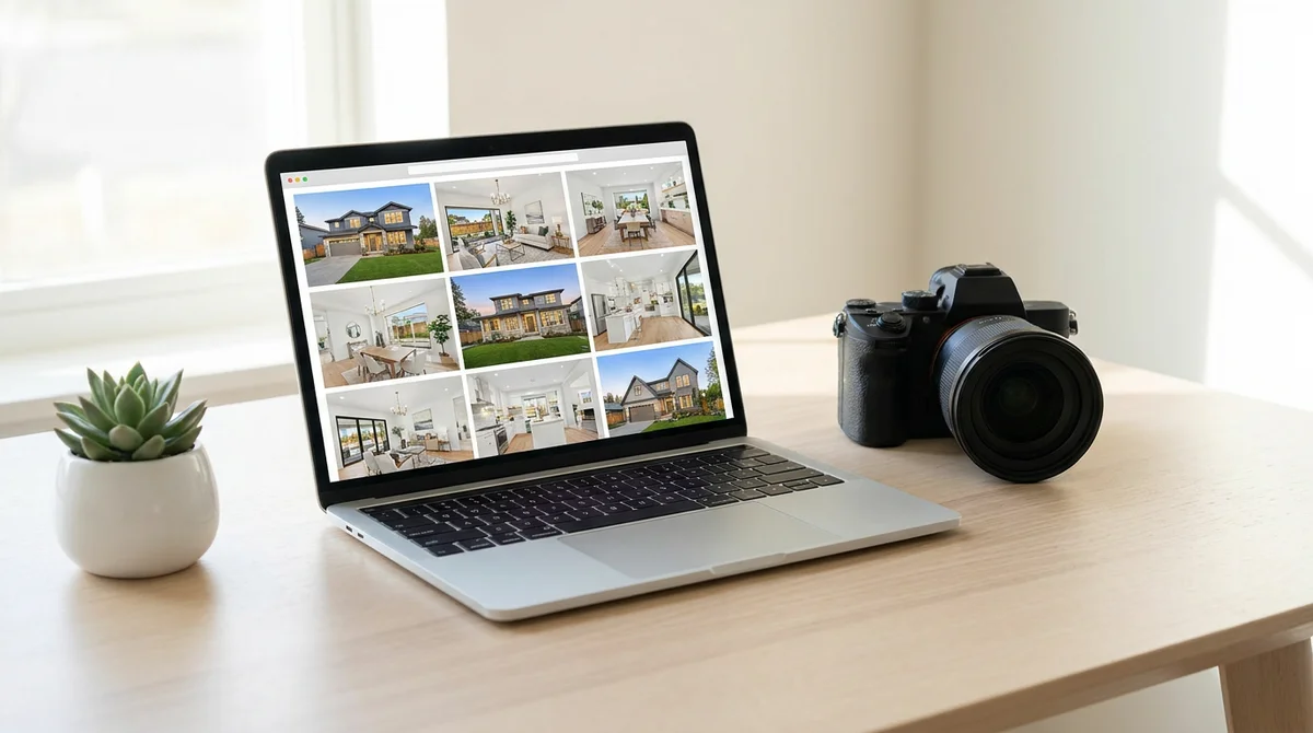 Un laptop su una scrivania ordinata mostra la griglia di una galleria di consegna foto immobiliari, con una mirrorless accanto