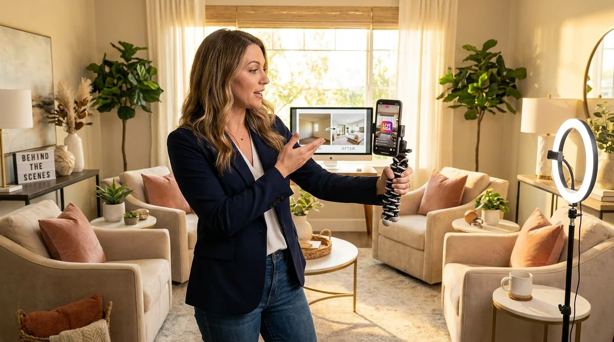 Eine Maklerin filmt ein vertikales Handy-Reel von einer Raumverwandlung, im Bild ein Vorher/Nachher-Vergleich des Stagings, im Hintergrund ein Behind-the-Scenes-Schild