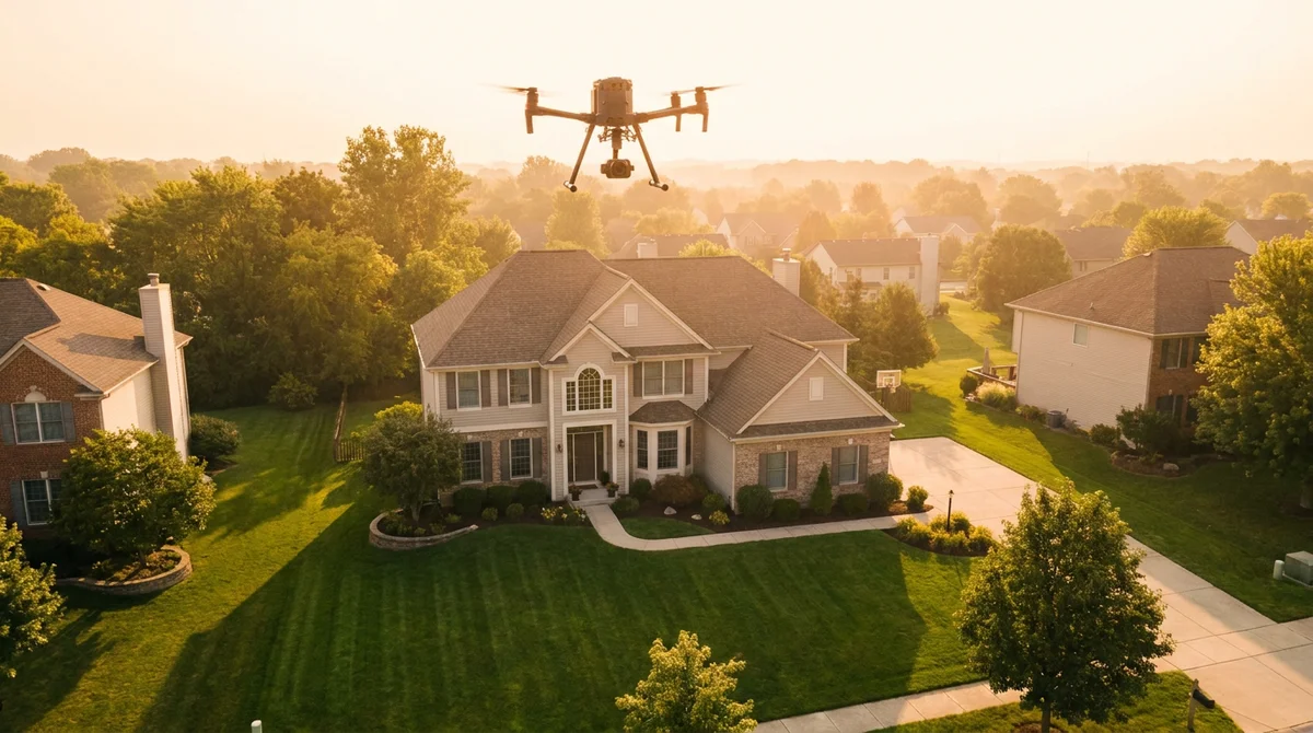 Un drone survolant une maison de banlieue avec une pelouse impeccable à l'heure dorée