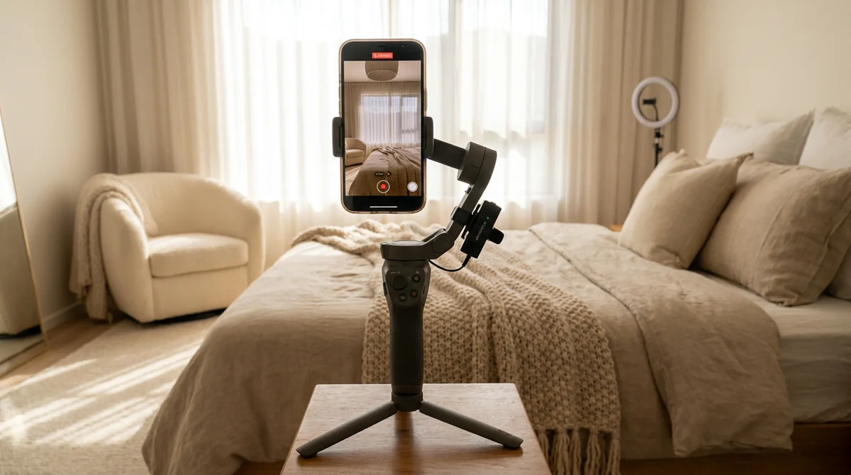 Un smartphone monté sur un petit stabilisateur gimbal filmant une chambre meublée pour une vidéo immobilière destinée aux réseaux sociaux