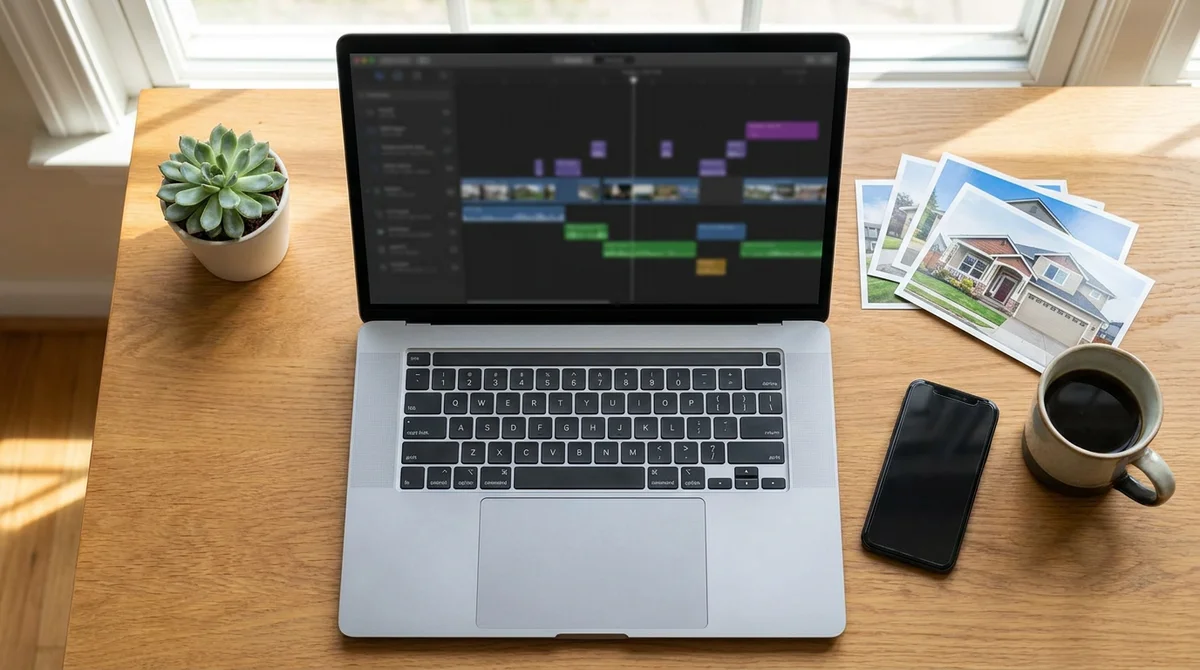 Vista dall'alto di un laptop con una timeline di editing video accanto a stampe delle foto dell'annuncio, un telefono e una tazza di caffè sulla scrivania