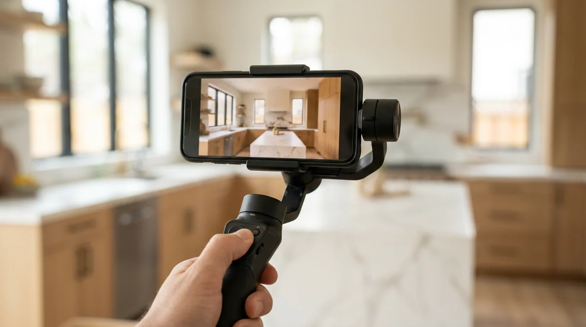 Primo piano di uno smartphone su uno stabilizzatore gimbal che filma una cucina moderna e luminosa durante lo shooting video di un immobile