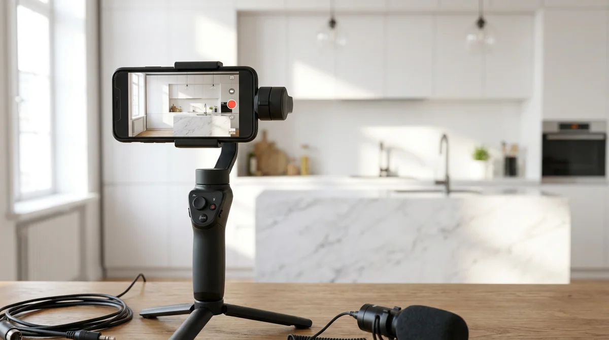 Uno smartphone montato su un gimbal stabilizzatore, pronto per filmare una cucina moderna e luminosa per un video walkthrough immobiliare