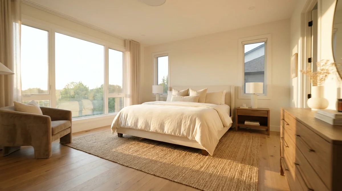 Una camera padronale luminosa e allestita, mostrata come fermo immagine di un video walkthrough immobiliare, composta per una panoramica di camera fluida