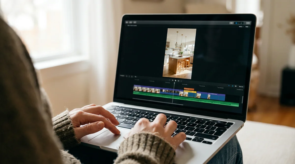 Un agente immobiliare monta il video tour di un annuncio al laptop, con foto e timeline visibili