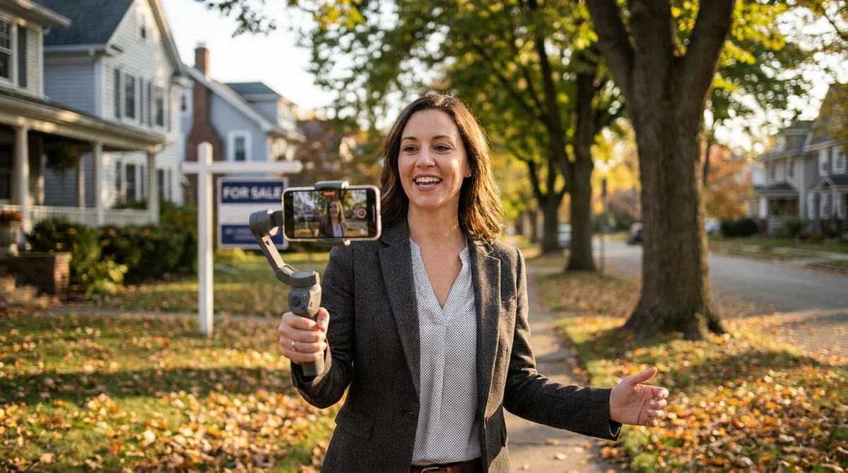 Un agente immobiliare filma un tour a piedi del quartiere con uno smartphone su gimbal all'ora dorata