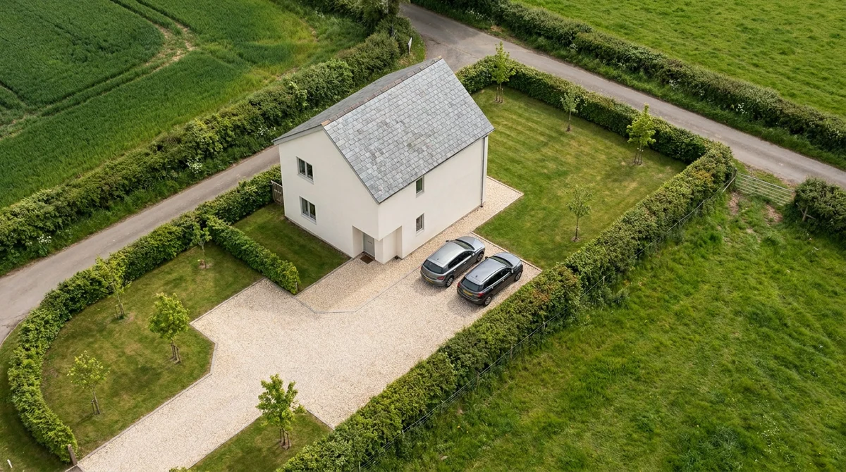 Rendu aérien photoréaliste de la maison finie sur sa parcelle rurale, avec haies en limite, stationnement en gravier et jardin