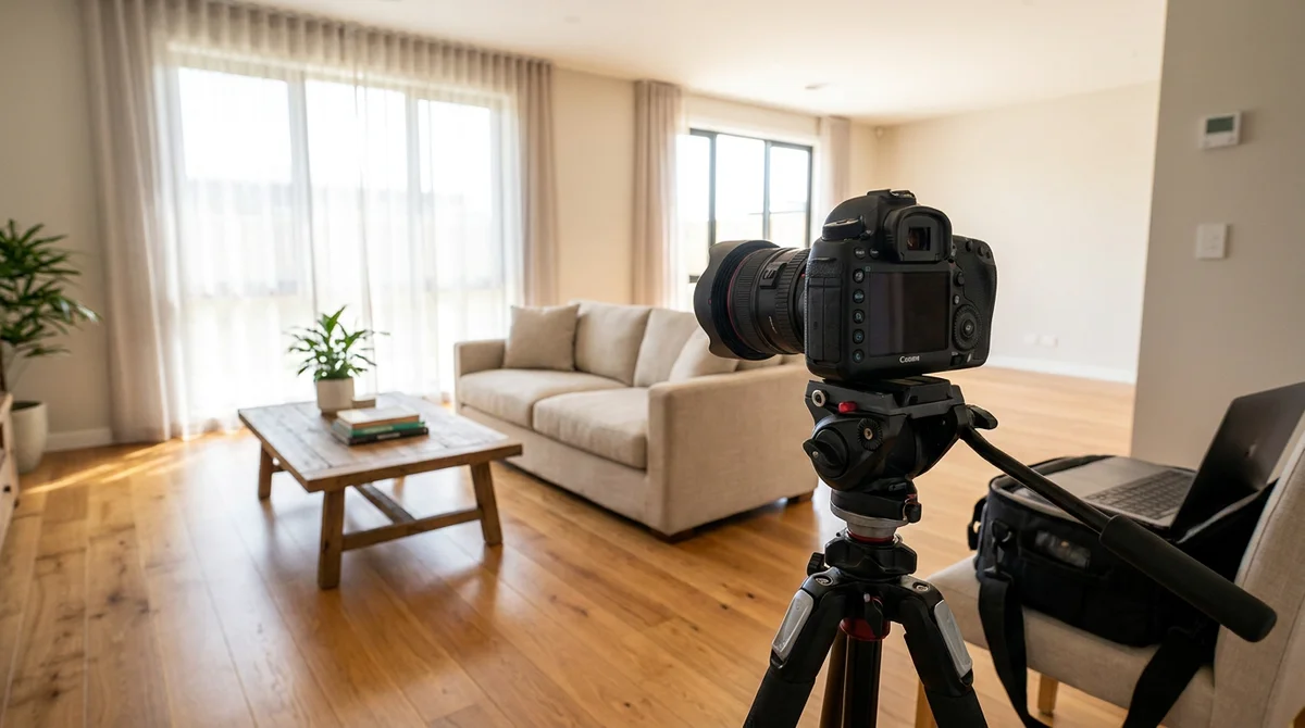 Real estate photographer with a DSLR on a tripod shooting a bright, lightly furnished living room