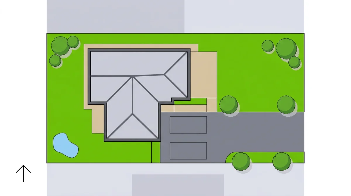 Colored 2D site plan with a gray house footprint, lawn, patio, driveway with two parking bays, tree canopies, a pond, and a plain north arrow