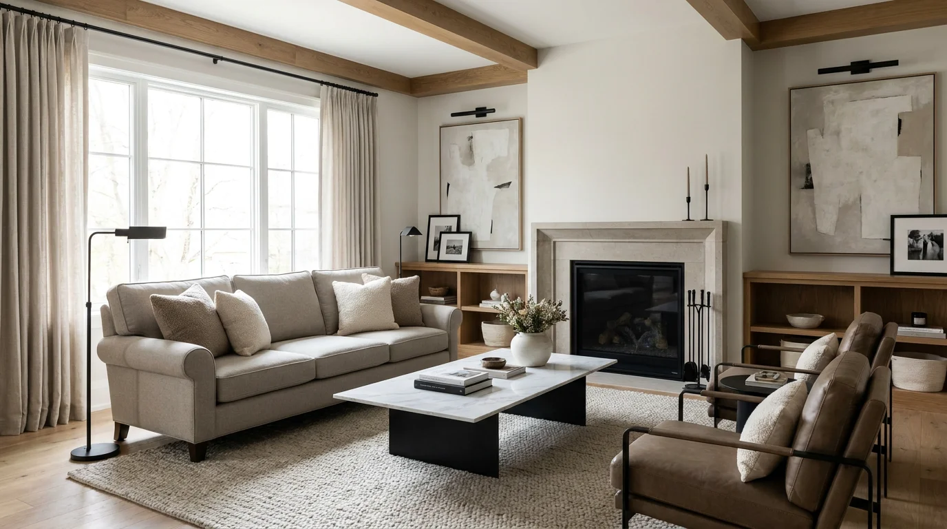 Transitional living room with neutral palette, classic sofa, and clean-lined modern accents