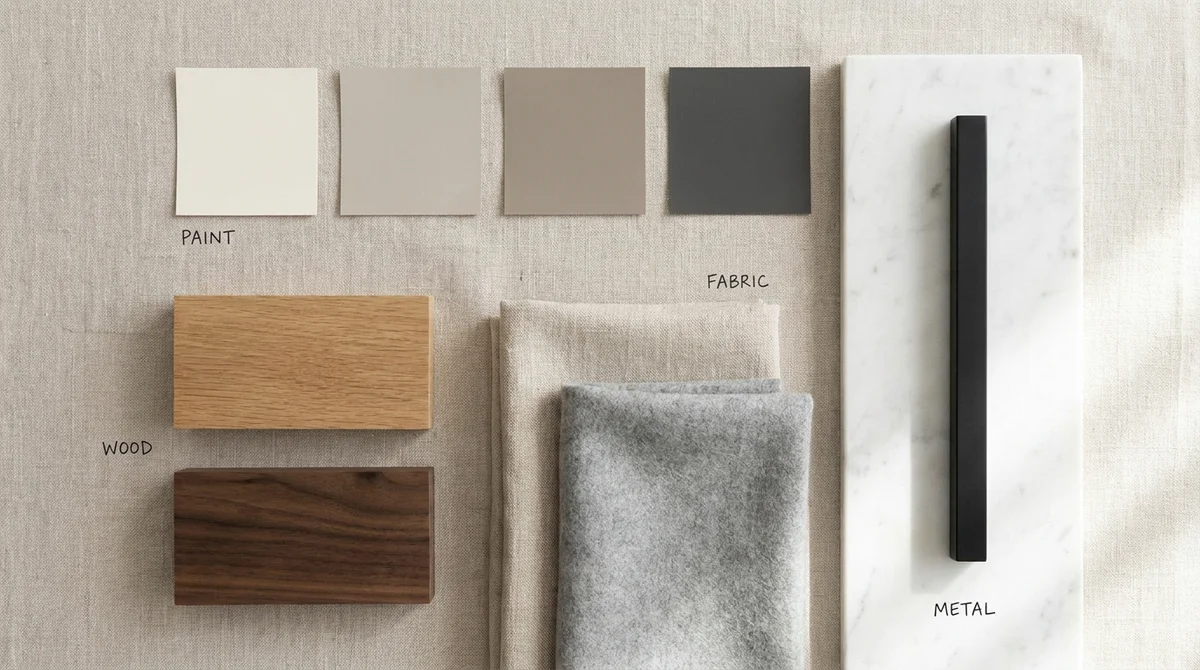 Transitional interior design color palette and materials: warm white, greige, taupe and charcoal paint swatches with oak and walnut wood, linen and wool, white marble, and matte black metal